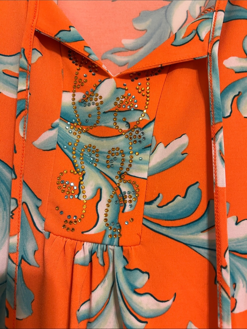 Susan Graver Liquid Knit Orange Tunic with Aqua Scroll Print - Picture 3 of 5